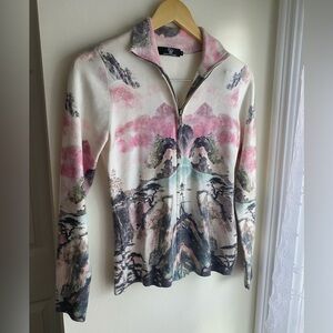 NWT Etoile Du Monde Watercolor Scenic Print Zip Sweater Jacket Soft Multicolor